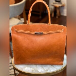 🤎Furla Structured Top Handle Satchel – Cognac Brown Leather | Made in Italy